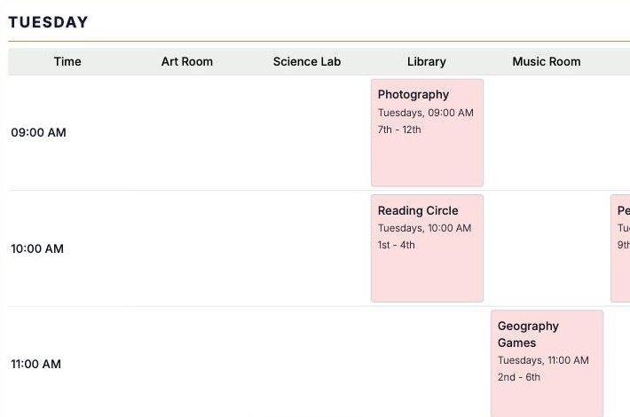 The class matrix: a week of classes laid out by day, time and room