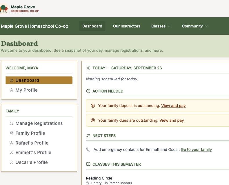 A family dashboard in a demo co-op: dues to pay, next steps, and each child’s classes this semester
