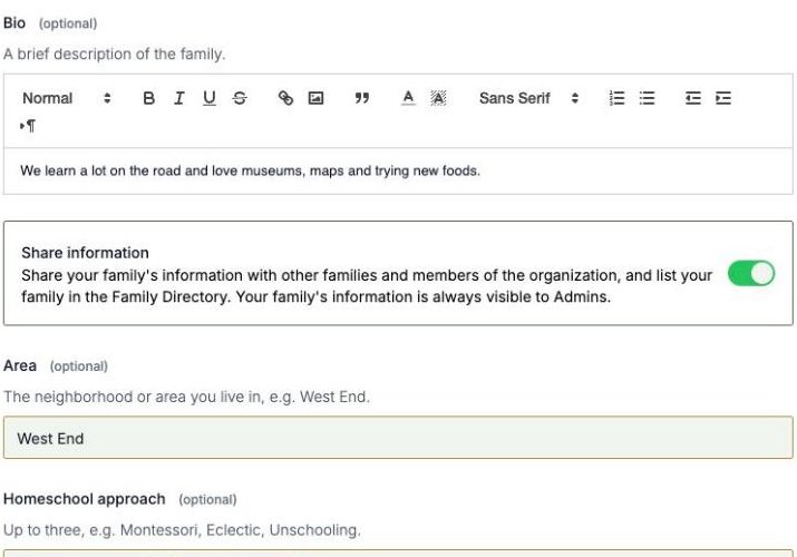 The Edit Family form, with a switch that controls whether the family is listed in the member directory