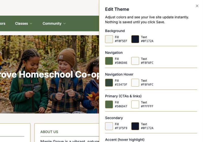 A co-op homepage with the theme editor open beside it, changing colors live